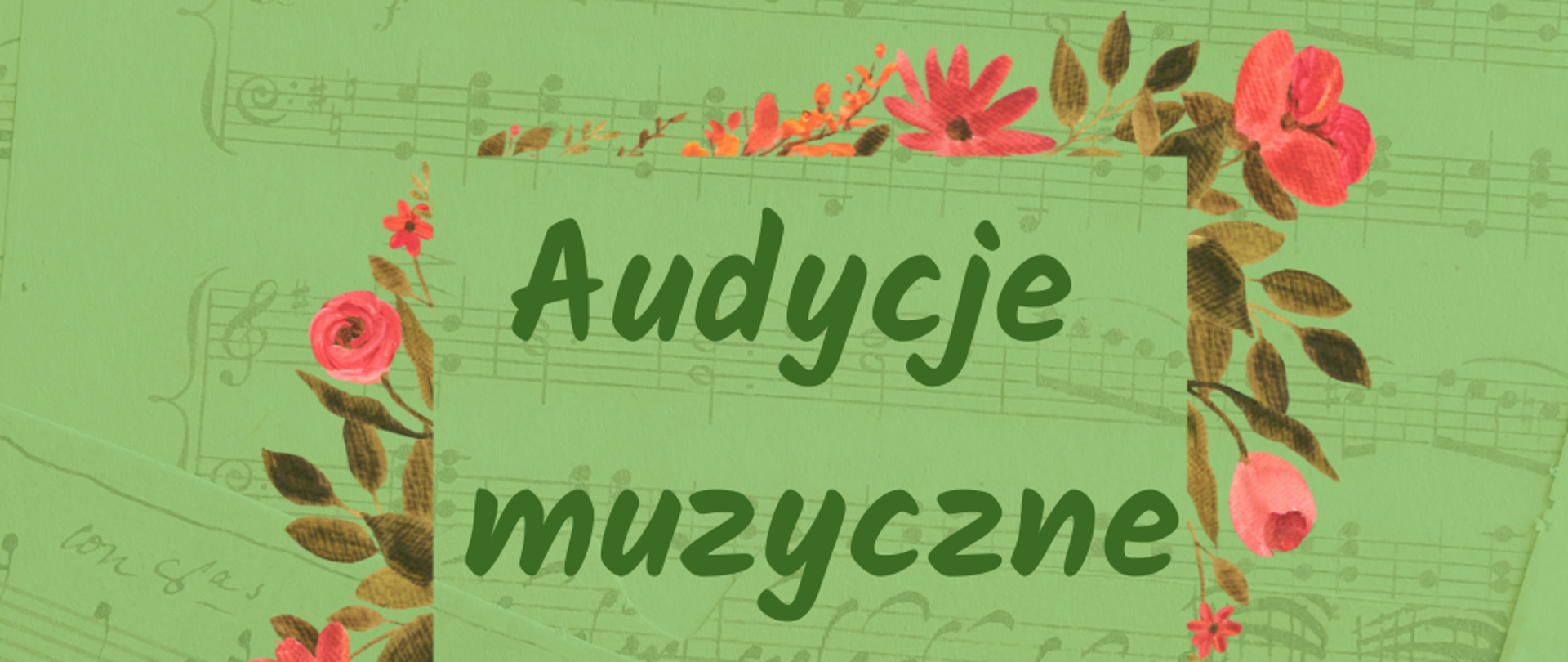 Plakat zaproszenie na Audycje muzyczne na zielonym tle z wiosennymi kwiatami