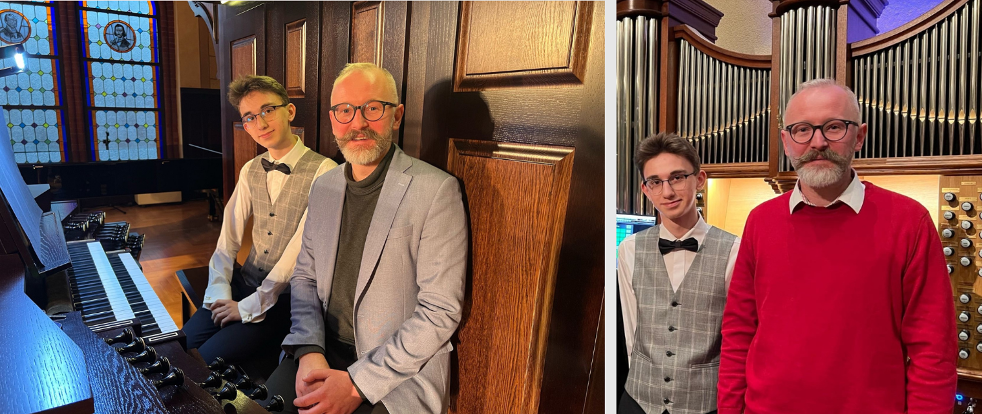 Kolorowy kolaż składający się z dwóch zdjęć umieszczonych obok siebie. Na zdjęciu z lewej strony siedzą Gabriel i jego nauczyciel przed klawiaturą organową. Na drugim stoją Gabriel i Pan Stanisław a za nimi znajdują się organy kościelne. Zdjęcia wykonane zostały na koncertach w Katowicach i Warszawie.