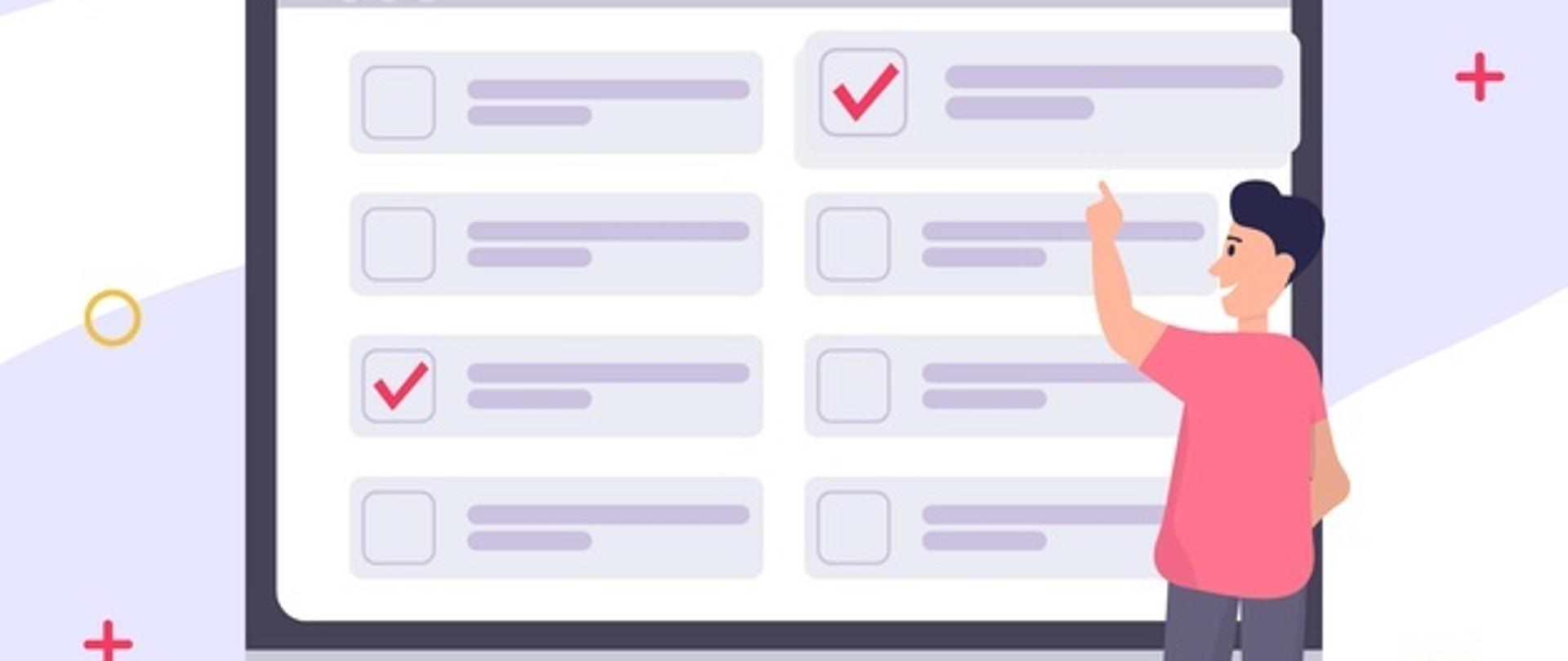 Grafika wektorowa - ekran komputera, po prawej człowiek wskazujący na listę - ankietę do wypełnienia