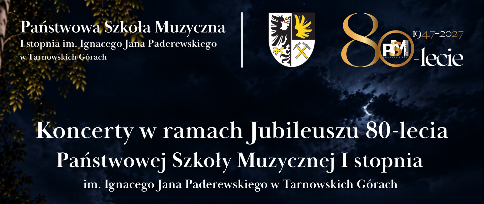 Na tle budynku szkoły nocą wypisany 4koncerty jubileuszowe z data i godziną
