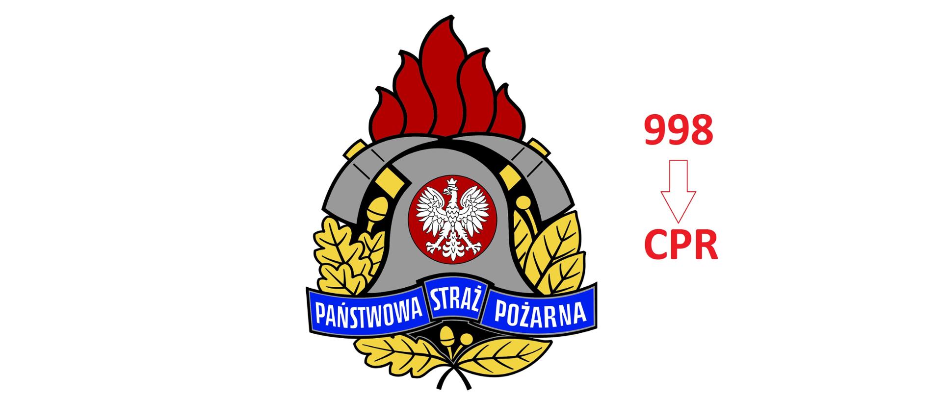 Logo Państwowej Straży Pożarnej i obok numer alarmowy 998 przekierowany do Centrum Powiadamiania Ratunkowego. 