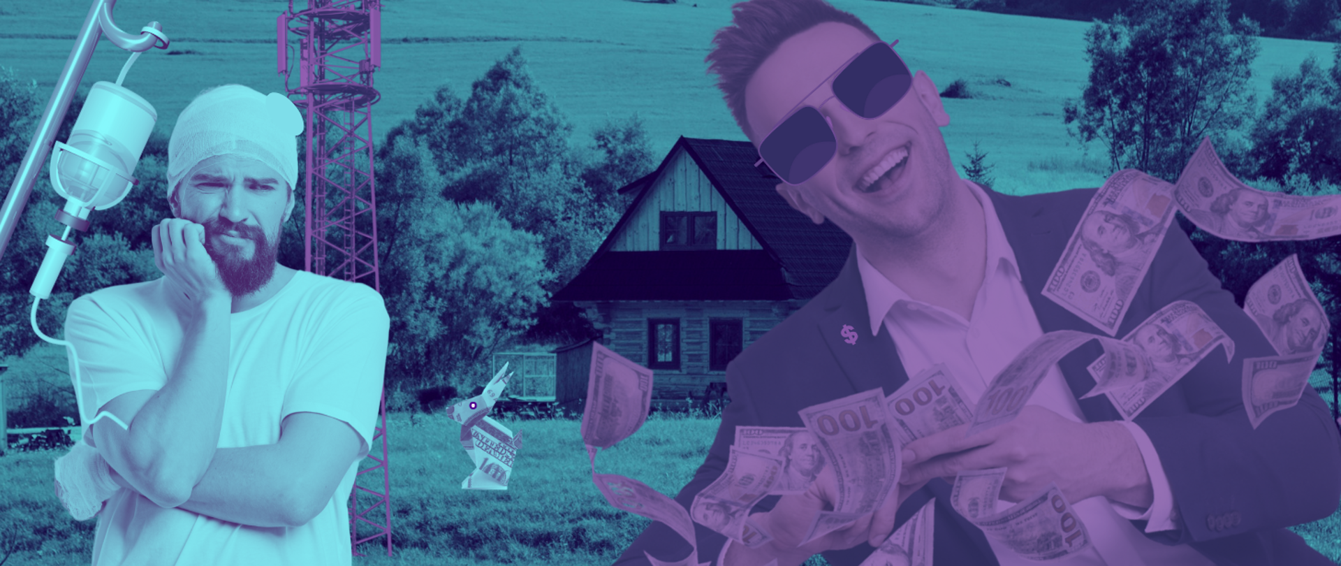 W tle ilustracji wiejski dom pośród traw i drzew. Obok domu stoi fioletowy maszt telekomunikacyjny, Na pierwszym planie dwaj mężczyźni. Pierwszy z bandażem i widocznym wybrzuszeniem na głowie, podłączony do kroplówki. Drugi, szeroko uśmiechnięty, w ciemnych okularach i marynarce, rozrzuca studolarowe banknoty. Pomiędzy nimi widać figurkę zająca wykonaną ze złożonego banknotu.