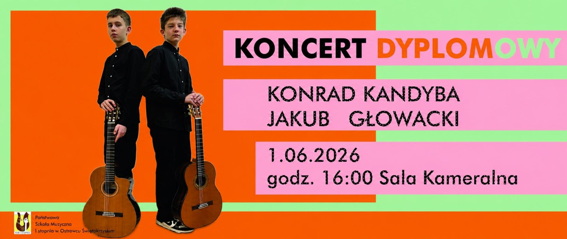 Konrad Kandyba i Jakub Głowacki na zielono-pomarańczowym tle z gitarami, napisy w kolorze ciemnym z logo szkoły w dolnej części