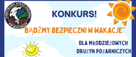 Plakat konkursu "Bądźmy bezpieczni w wakacje". Na plakacie chłopiec i dziewczynka w stroju strażackim na plaży.