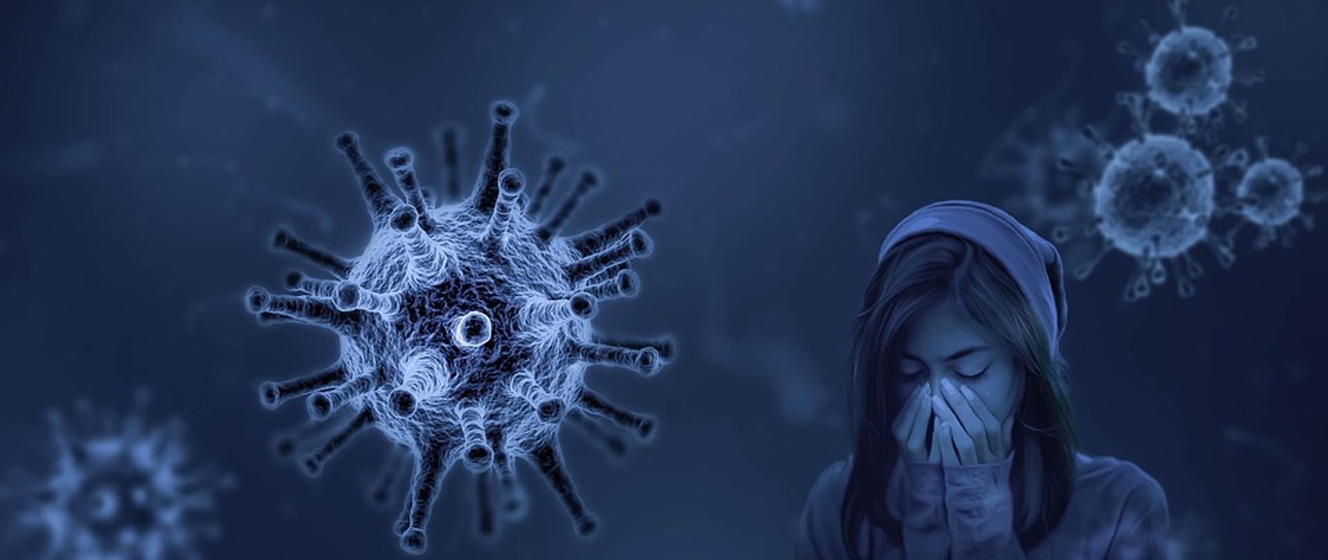 Kobieta zasłaniająca rękami twarz oraz mikroskopowy obraz wirusa grypy