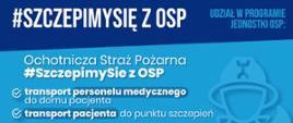 Granatowo-niebieska plansza informacyjna sygnowana sylwetką strażaka z nazwą programu Szczepimy się z OSP i podstawowymi informacjami dotyczącymi programu.