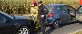Kolizja w Żylicach. Na jezdni, na tle pola kukurydzy stoją dwa auta osobowe biorące udział w kolizji. Pomiędzy nimi dwaj strażacy - jeden unosi pokrywę silnika.