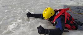 Widoczny strażak w przeręblu zamarźniętego zalewu, który w kombinezonie i szelkach pokazuje technikę wydostawania się z wody.