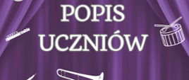 na fioletowym tle imitującym kotarę białe napisy, wokół napisów białe grafiki przedstawiające flet, bębenek i fragmenty puzonu i oboju