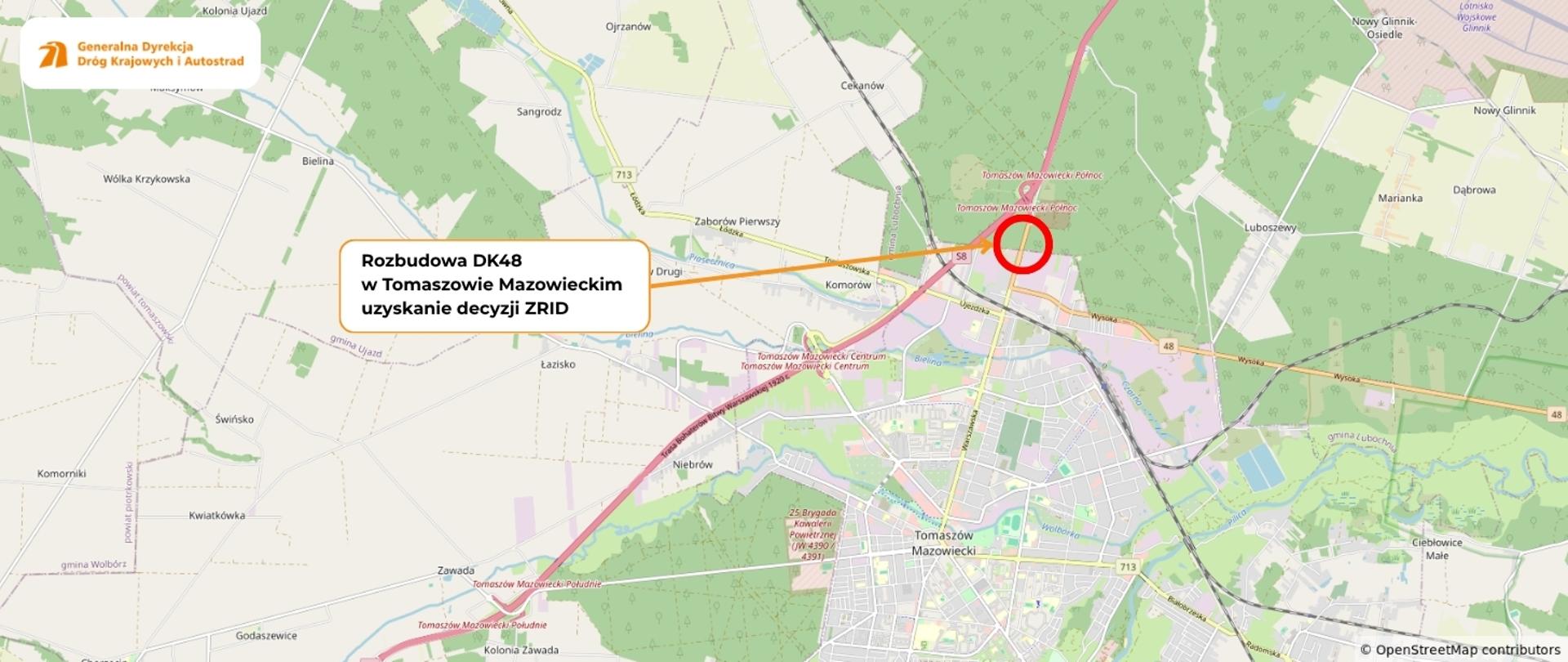 Mapa Tomaszowa Mazowieckiego i okolic przedstawiająca planowaną rozbudowę drogi krajowej DK48. Na mapie zaznaczono przebieg drogi oraz lokalizację inwestycji oznaczoną czerwonym okręgiem. Dołączony podpis informuje: „Rozbudowa DK48 w Tomaszowie Mazowieckim – uzyskanie decyzji ZRID”.