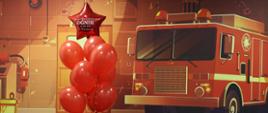 W centrum kadru znajduje się kolumna czerwonych balonów z helem, zwieńczona czerwoną gwiazdą z napisem „OGNIK – Sala Edukacyjna”. Balony są przymocowane do metalowego stojaka ustawionego przy czerwonej wstędze na podłodze. W tle ściana pokryta jest fototapetą przedstawiającą przód czerwonego wozu strażackiego stojącego w bramie strażnicy, co nadaje wnętrzu głębię i strażacki charakter.