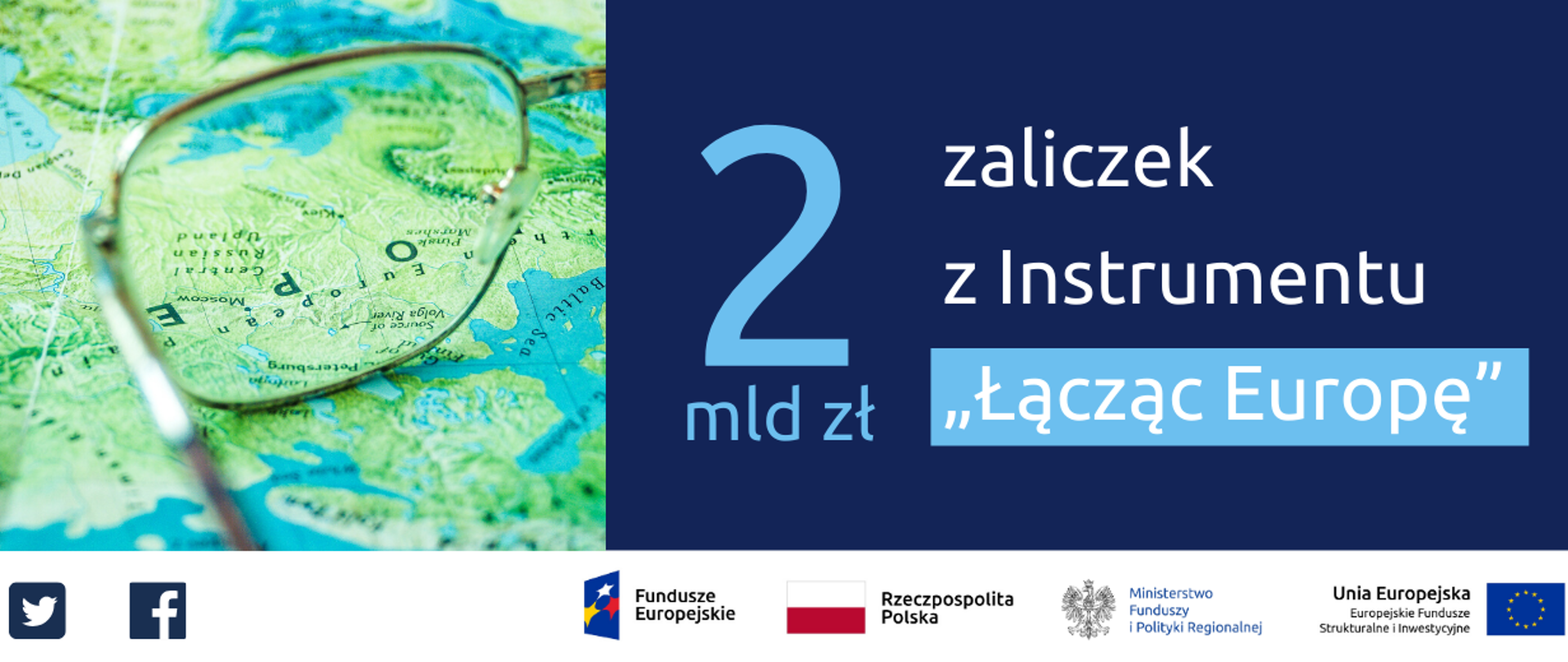 Napis: 2 mld zł z instrumentu "Łącząc Europę". Po lewej zdjęcie fragmentu mapy Europy.
Na dole ikonki Facebooka oraz Twittera, logotypy Funduszy Europejskich i Ministerstwa Funduszy i Polityki Regionalnej, flaga Polski.