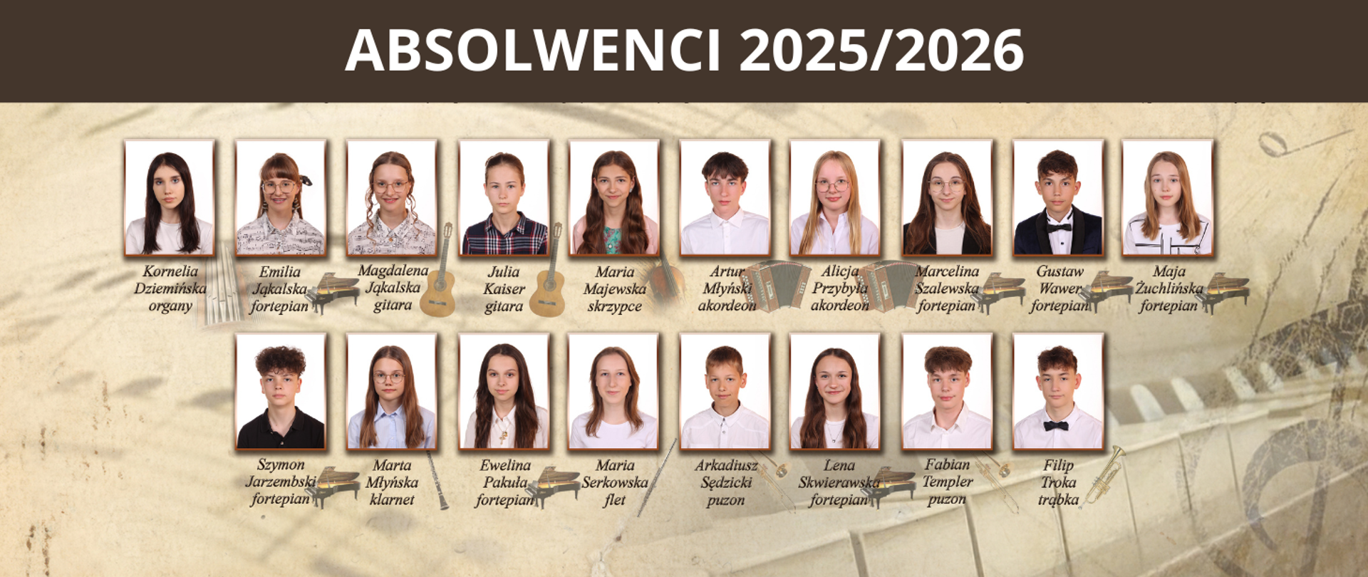 Na brązowym tle przedstawiono miniaturki zdjęć absolwentów szkoły z roku szkolnego 2025/2026. W górnej części brązowy pasek, a na nim biały napis "absolwenci 2025/2026"