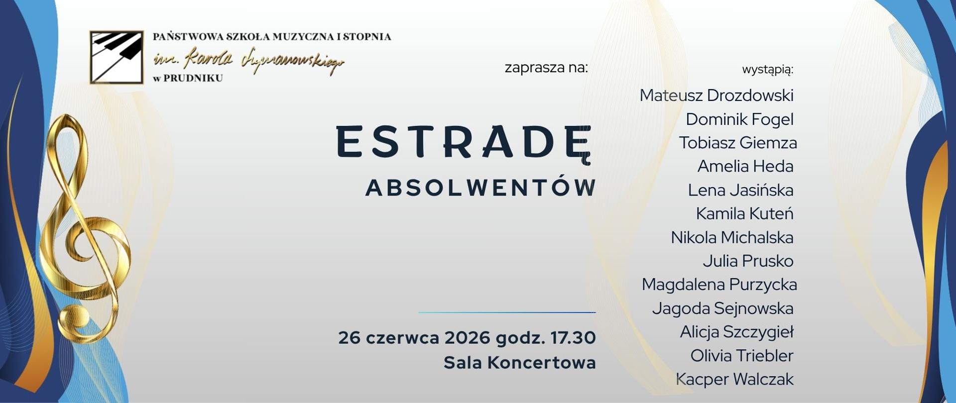 Baner z informacja o koncercie absolwentów. Baner ozdabia złoty klucz wiolinowy i abstrakcyjna grafika w różnych odcieniach koloru niebieskiego. W lewym górnym rogu logo szkoły.