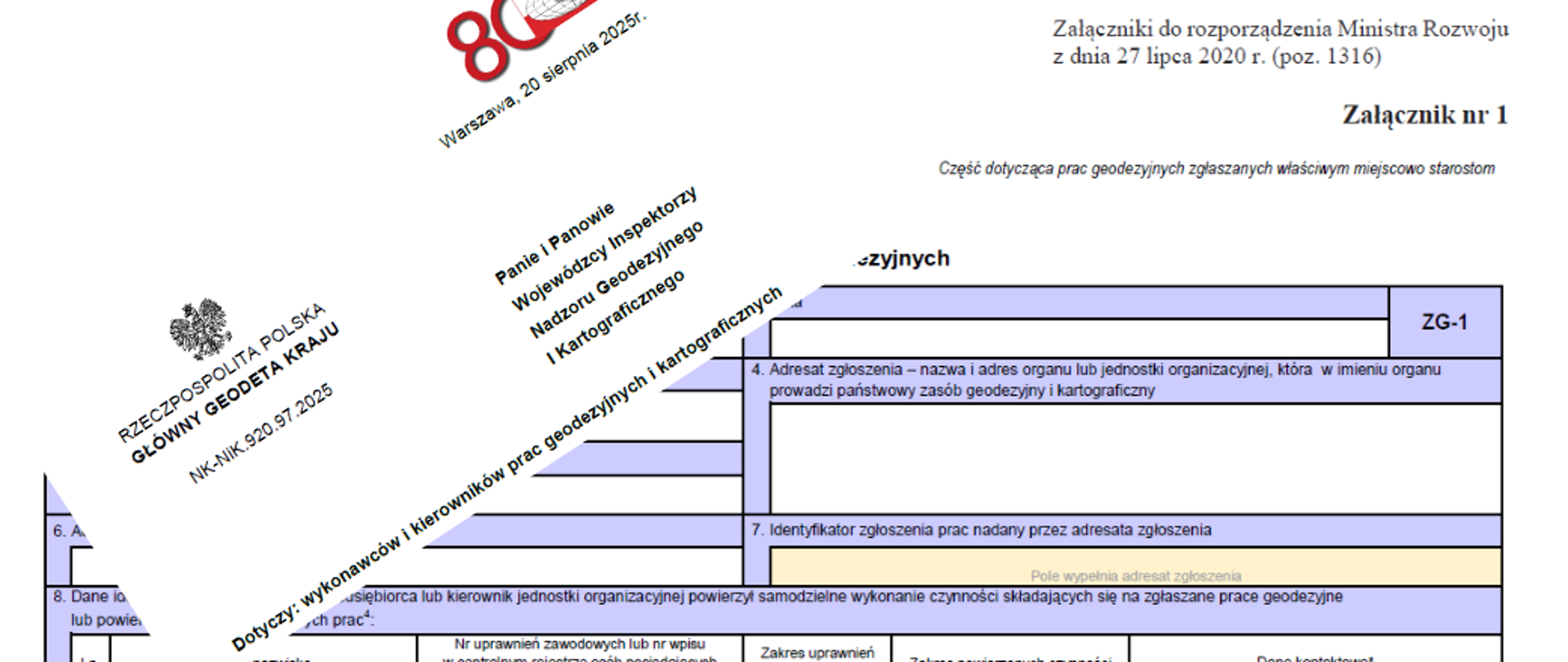 Obraz przedstawia fragment pisma GGK skierowanego do Wojewódzkich Inspektorów Nadzoru Geodezyjnego i Kartograficznego, na fragmencie wzoru zgłoszenia prac geodezyjnych i kartograficznych. 