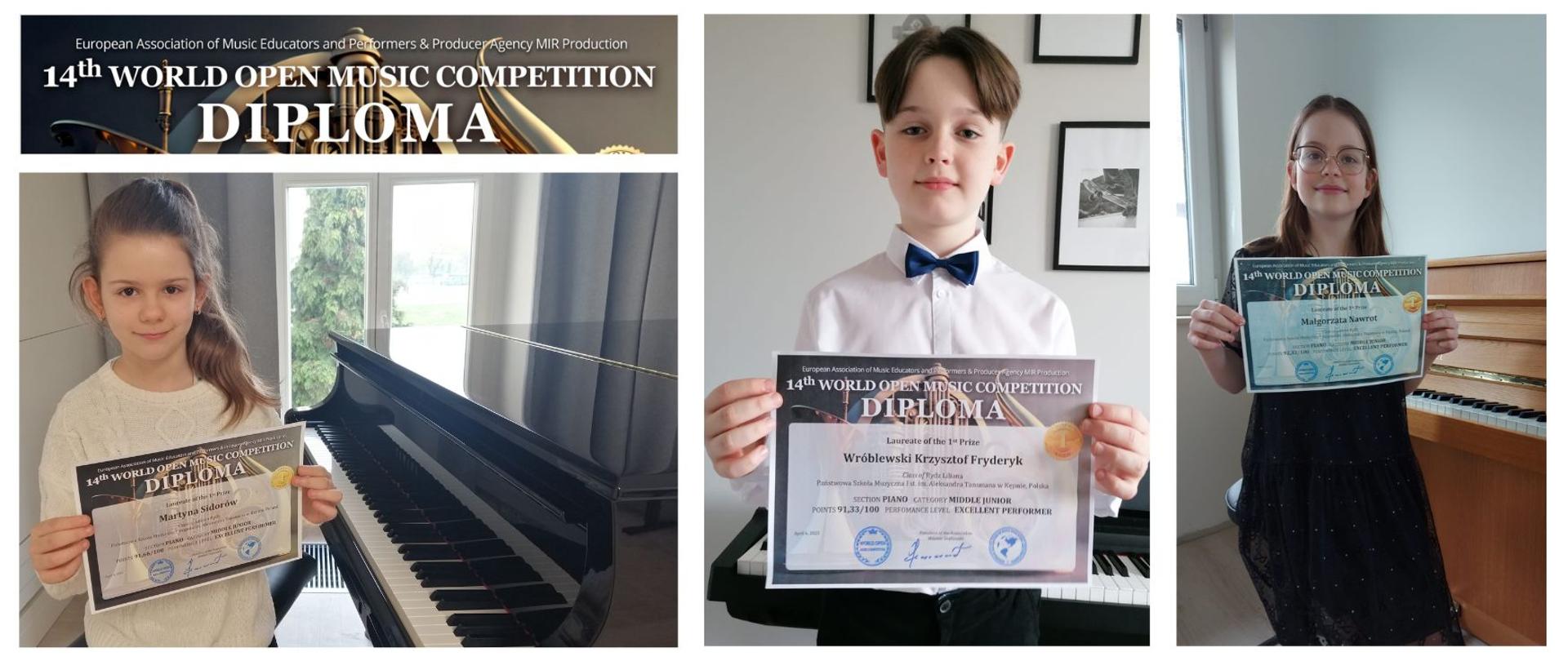 Nazwa konkursu i zdjęcia uczniów klasy fortepianu p. Liliany Rydz z dyplomami. Od lewej zdjęcie Martyny Sidorów przy fortepianie, w środku Krzysztofa Wróblewskiego na tle pianina i obrazków w czarnych ramkach wiszących na ścianie, z prawej Małgorzaty Nawrot przy pianinie w kolorze brązowym. 