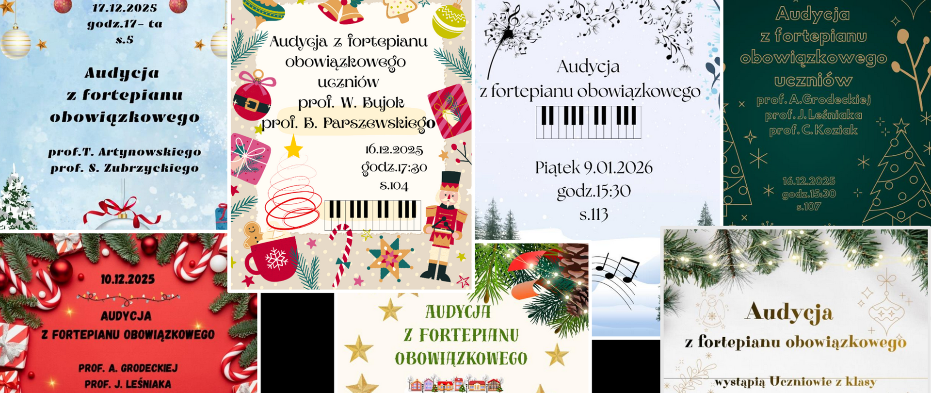 Kolaż plakatów świątecznych audycji klas fortepianu obowiązkowego