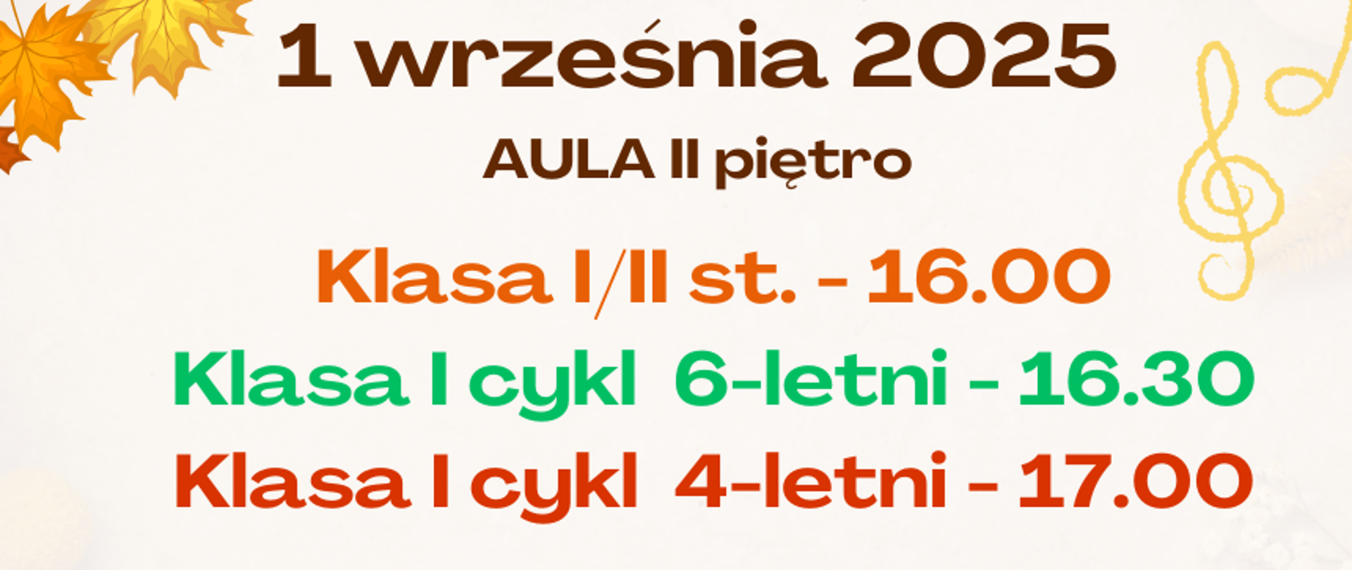 Na jesiennym tle z liśćmi wymienione klasy i godziny spotkań 1 września 2025