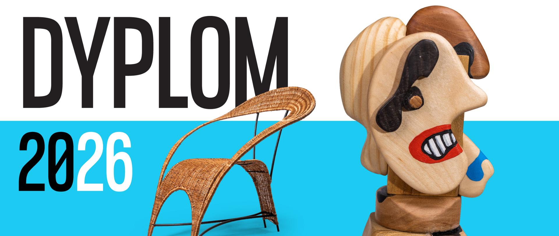 Baner do wystawy dyplomów z fotelem z wikliny oraz zabawką z drewna