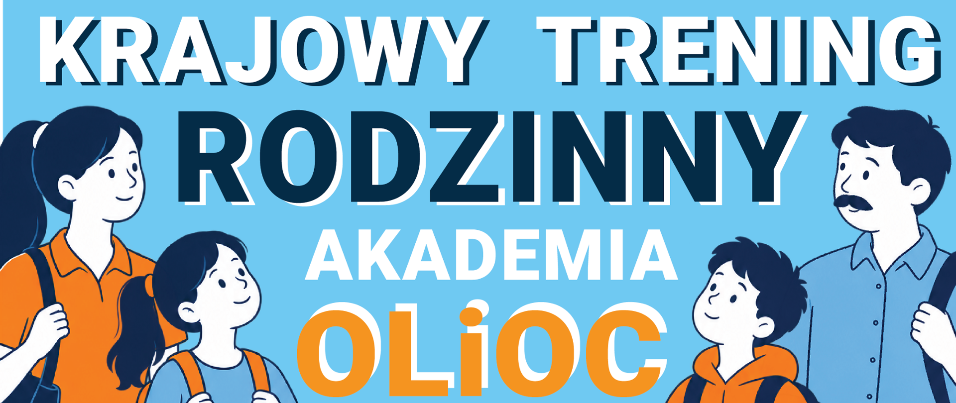 Szablon z logotypami MSWiA i Ochrony Ludności i Obrony Cywilnej, tytułem Krajowy Trening Rodzinny oraz ilustracjami dwojga dzieci z plecakami.