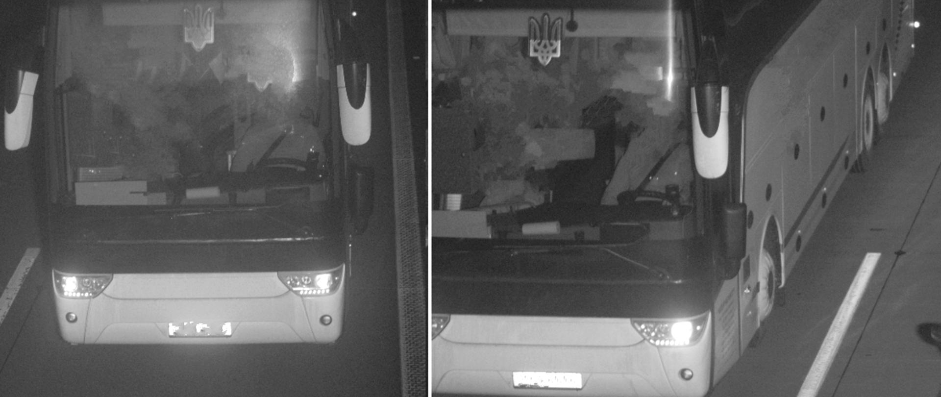 Fotografie przedstawiają ukraiński autokar uchwycony przez kamery monitoringu drogowego. Obie fotografie zostały wykonane na różnych odcinkach drogi, dokumentując obecność pojazdu w systemie nadzoru. Na zdjęciach widoczny jest przód autokaru.