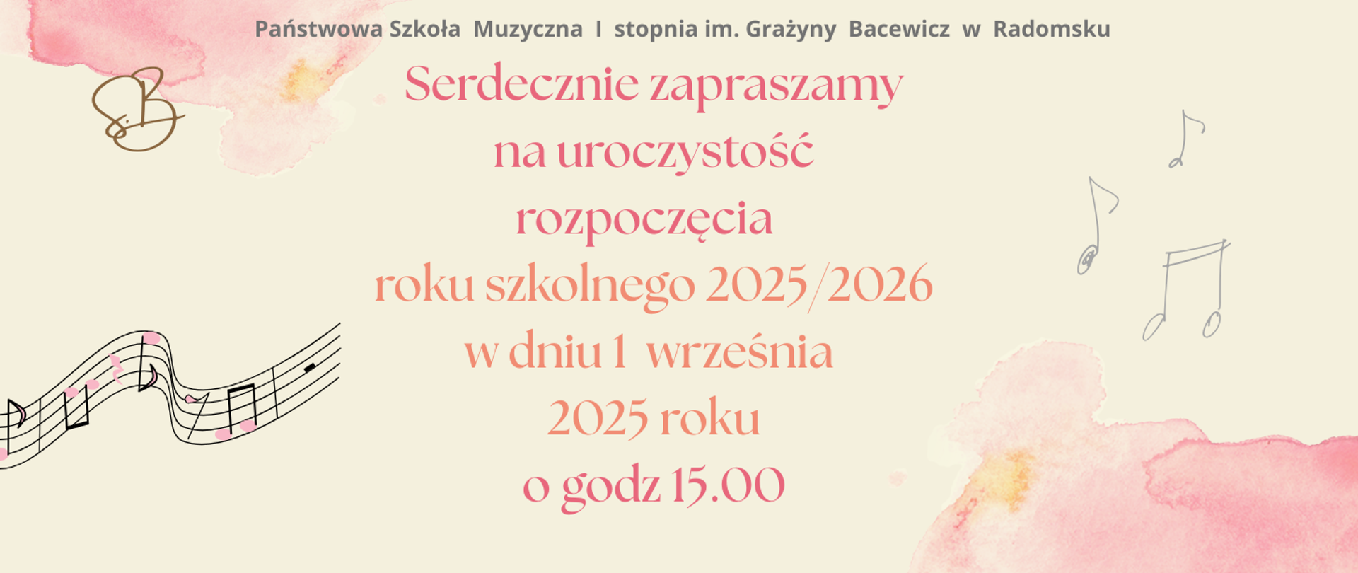 Na różowym tle znajdują się napisy informacyjne w kolorze łososiowym, szarym i różowym oraz grafiki nut, pięciolinii w kolorze szarym, czarnym, różowym.