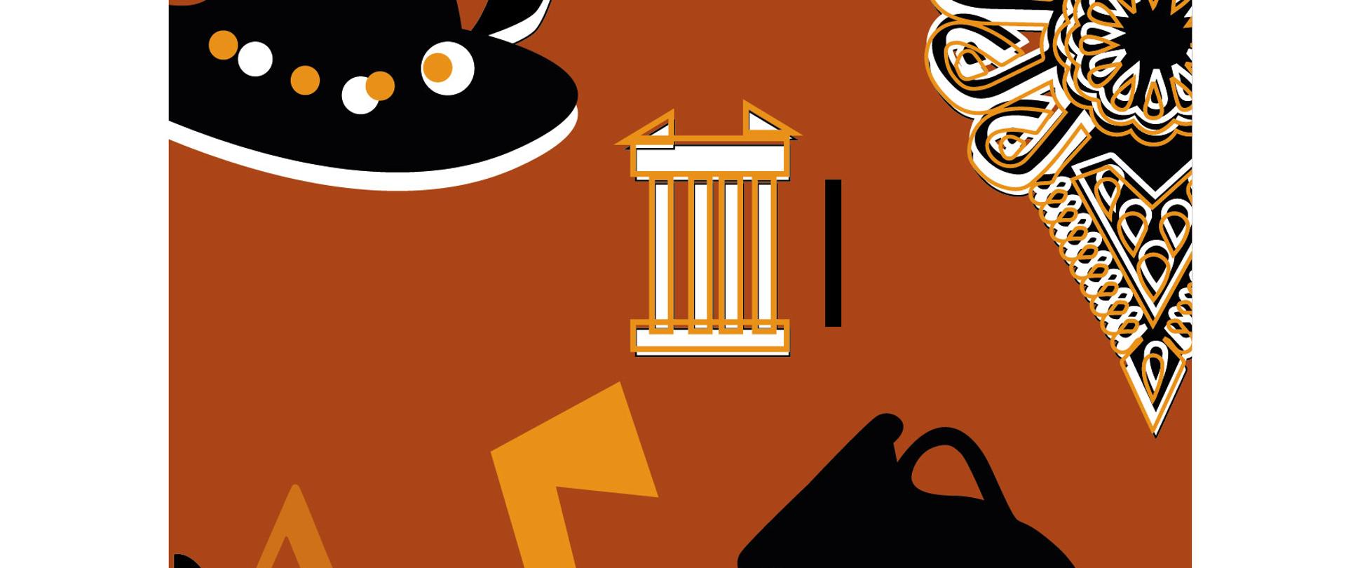 Grafika przedstawia zaproszenie na na uroczyste odsłonięcie tablicy informacyjnej przedstawiającej historię budynku "Maraton" oraz płaskorzeźb upamiętniających osoby Karola Szymanowskiego i ks. prof. Józefa Tischnera. Na pomarańczowym tle znajdują się w kolorze czarnym, pomarańczowym i biały greckie i góralskie elementy graficzne przestawiające rozetę, parzenicę, grecki teatr, ciupagę, Giewont, góralski kapelusz i grecką wazę oraz litery alfa i omega. Wszystko jest rozrzucone na płaszczyźnie tworząc całość. Na dole grafiki dodatkowo znajduje się pomarańczowy napis na białym tle: zaproszenie. 