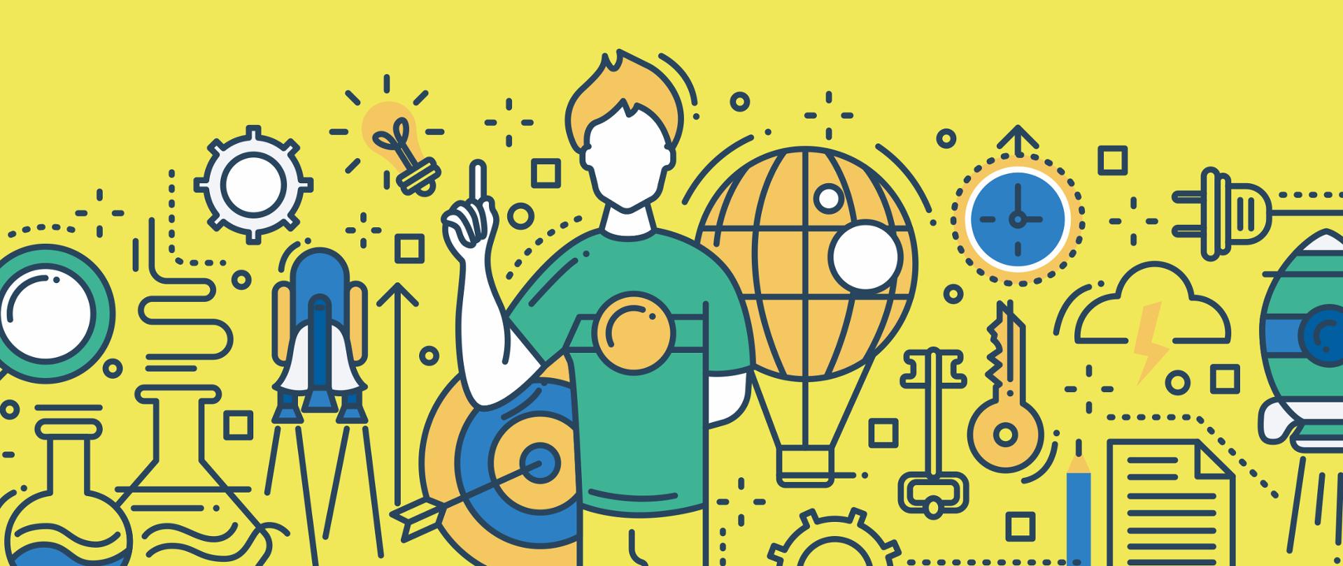 
Grafika wektorowa. Na żółtym tle widać czlowieka z podniesioną do góry ręką. Wokół niego znajdują się ikony: rakiety, koła zębatego, balonu, klucza, zegarka, tarczy, żarówki.