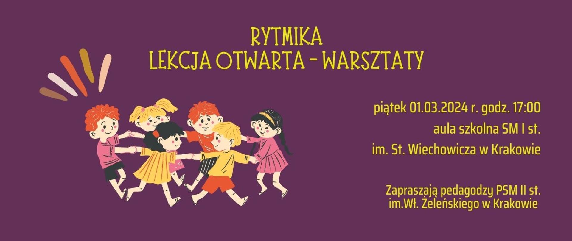 na fioletowym tle po lewej stronie ilustracja przedstawiające tańczące dzieci, na górze żółtymi literami nazwa wydarzenia, po prawej stronie miejsce i czas 