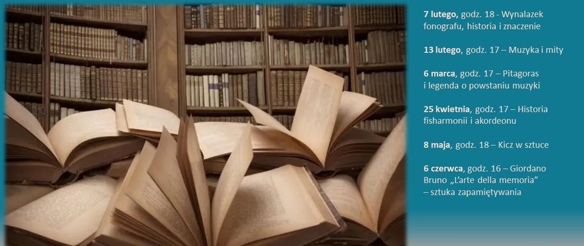 Plakat informujący o wykładach biblotekarza . Turkusowe tło, po prawej na dole zdjęcie książek rozłożunych na stole, nad zjęciem i z prawej strony białe napisy informujące o wydarzeniu.
