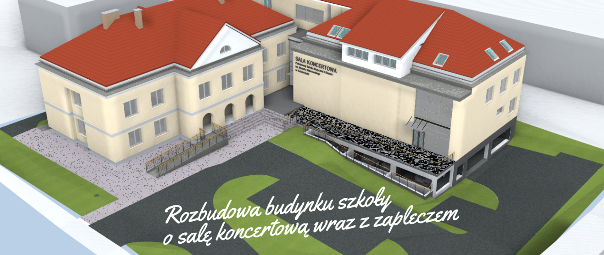 Zdjęcie przedstawia budynek szkoły wraz z dobudowaną salą koncertową. Budynek w kolorze jasno żółtym, dach w kolorze ceglastym. Przed budynkiem podjazd dla osób niepełnosprawnych.
