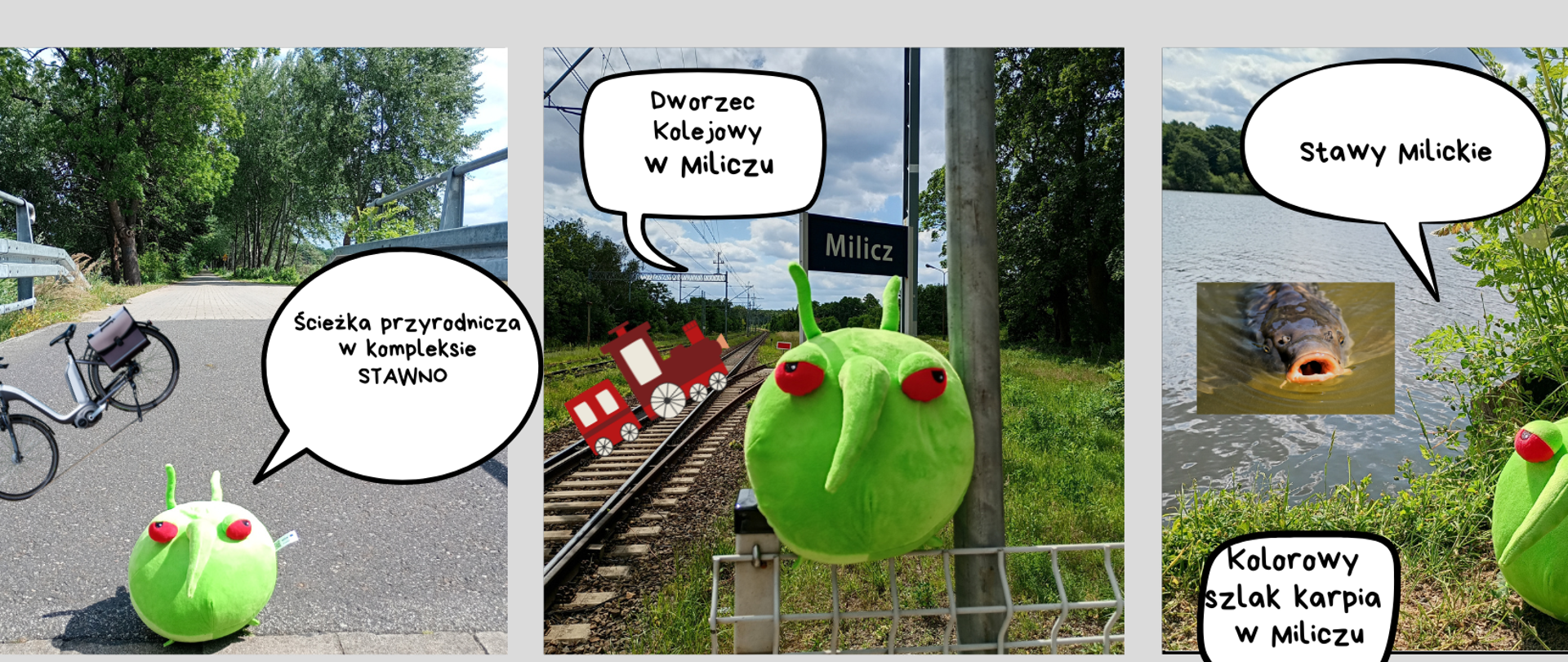 Komiks przedstawiający podróż Pesty czyli zielonego kulistego stwora. Na siedmiu obrazkach widać rower, tory kolejowe, karpia w wodzie oraz rzeźbę karpia, pałac oraz ruiny zamku