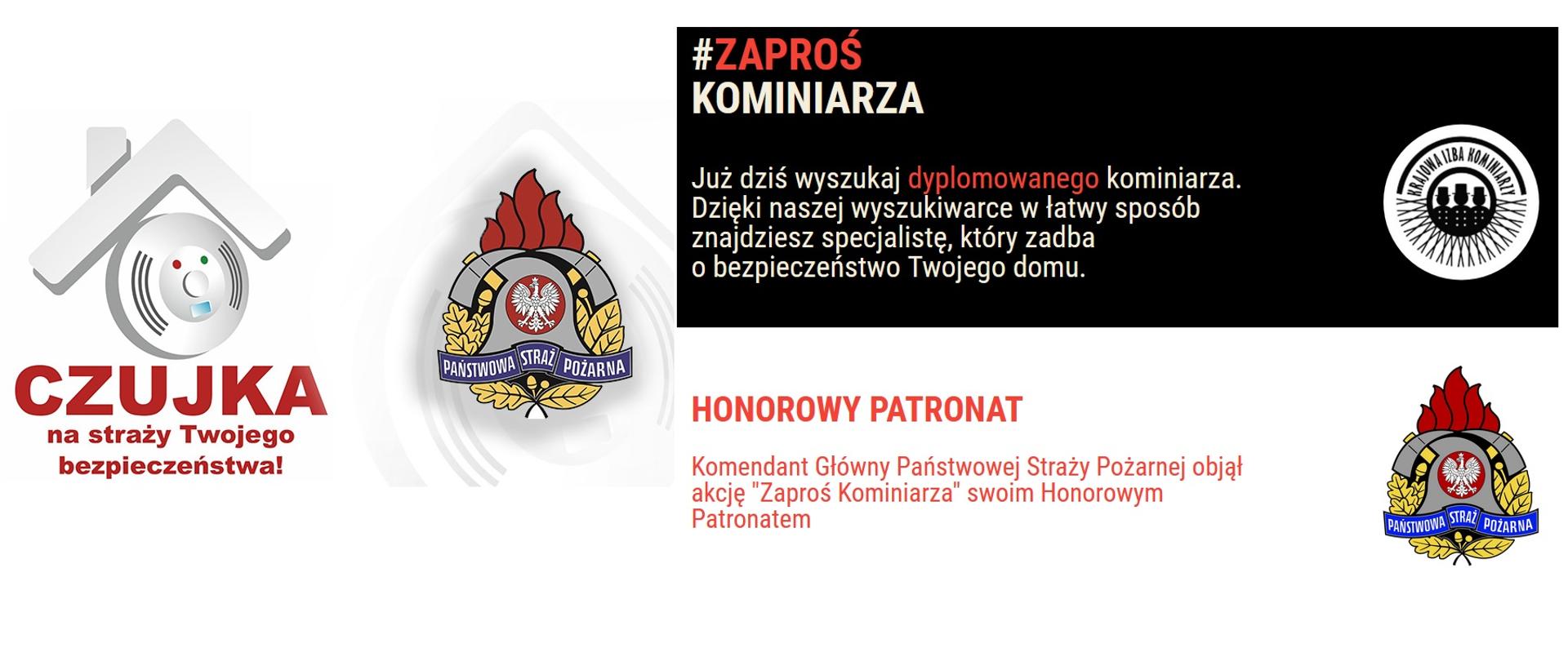 Zdjęcie przedstawia materiały graficzne kampanii edukacyjno-informacyjnej „Czujka na straży Twojego bezpieczeństwa!” oraz akcji społecznej „Zaproś Kominiarza!”