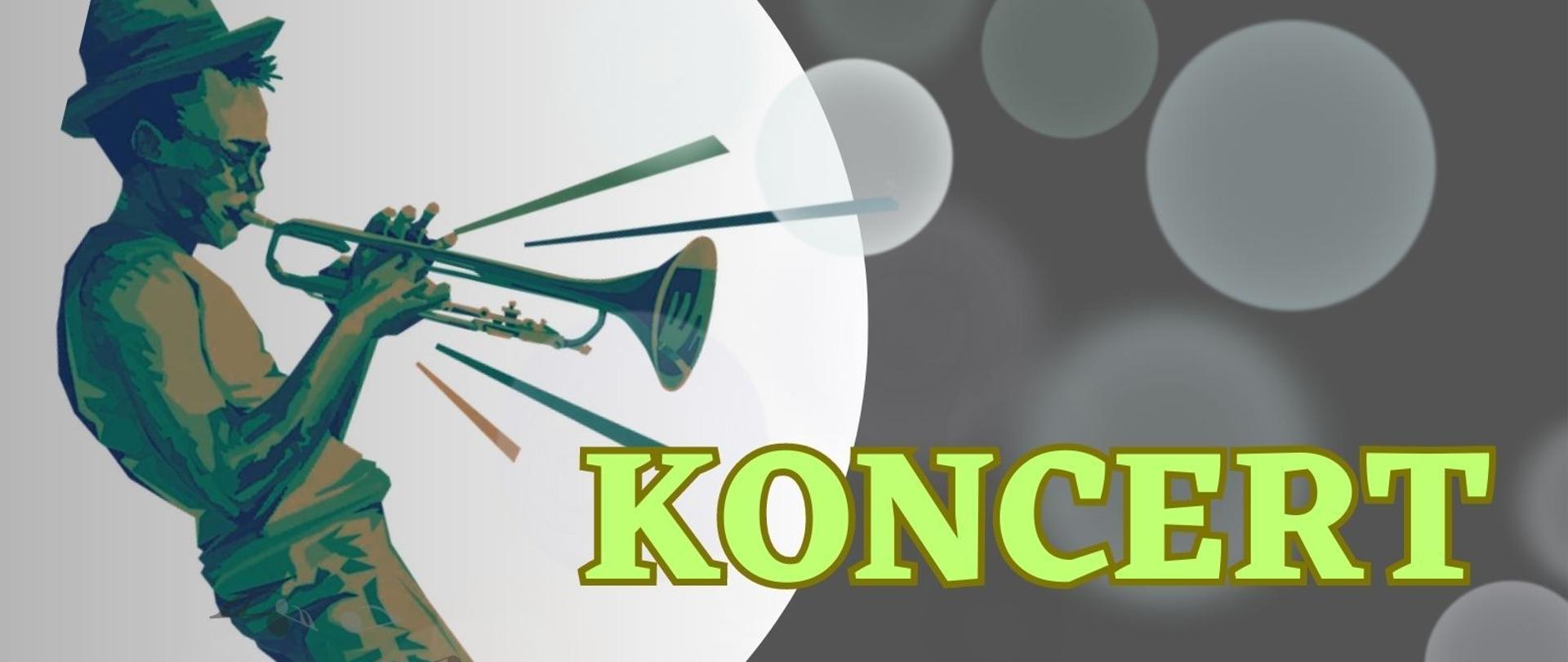 Grafika - afisz. Tło ciemnoszare z jaśniejszymi kołami. Z lewej strony grafika przedstawiająca grającego trębacza. Napisy: KONCERT w wykonaniu uczniów z klasy trąbki Marcina Deja wtorek, 13 czerwca 2023 godz. 16.20 Sala Koncertowa im. Jerzego Kozarzewskiego. W dolnym lewym rogu logo PSM Nysa.