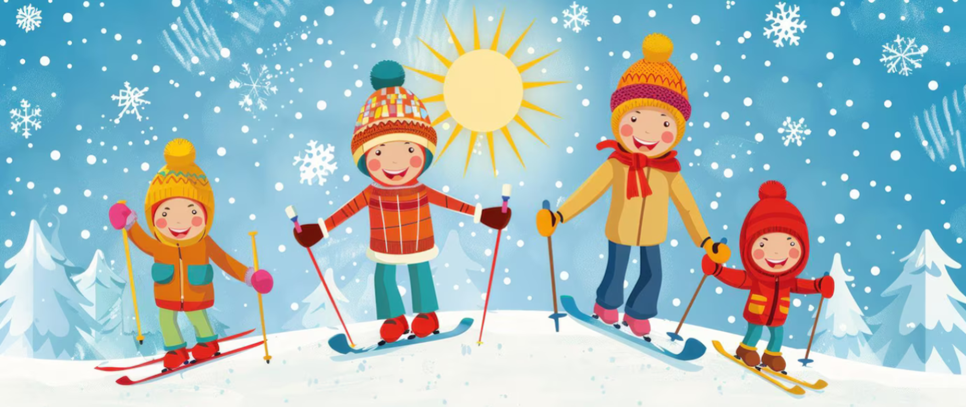 rysunek rodziny na nartach dwójka dorosłych i dwójka dzieci