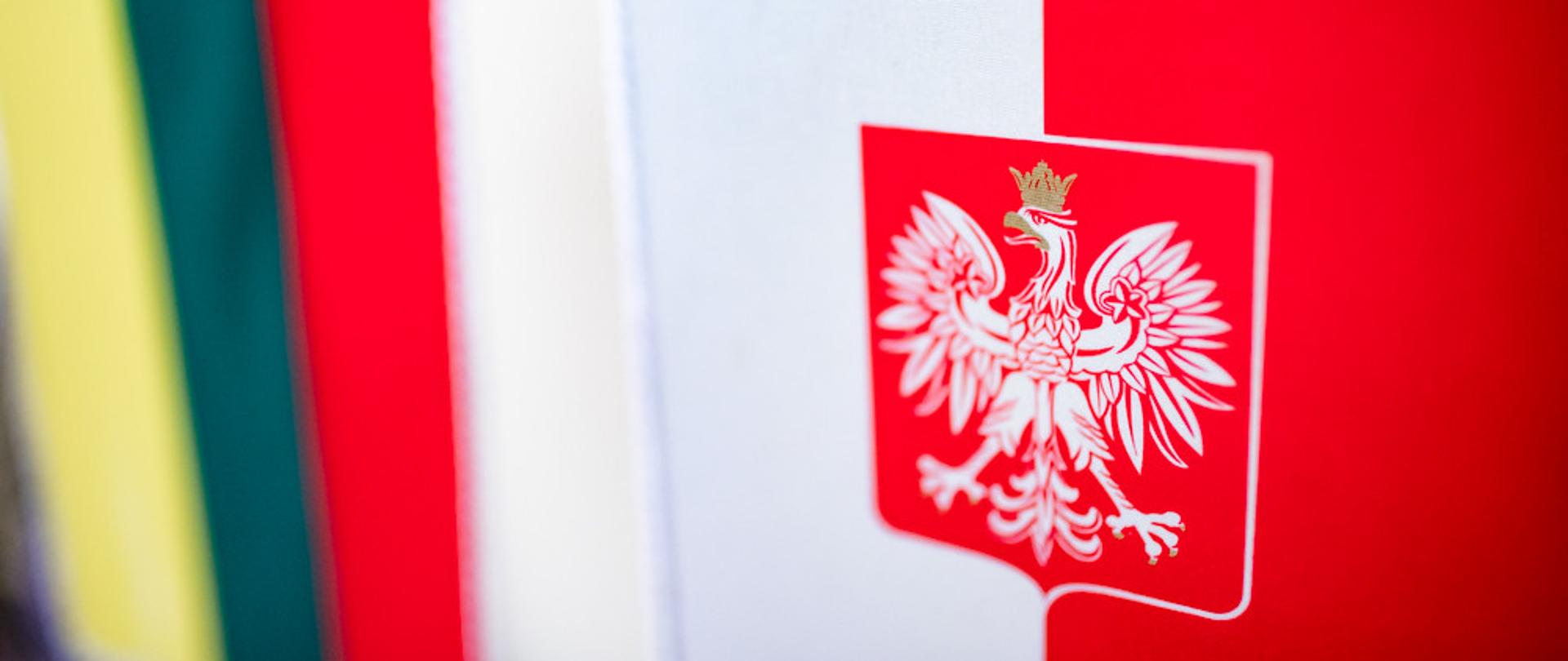 Flaga polska z godłem, po lewej flaga Litwy.