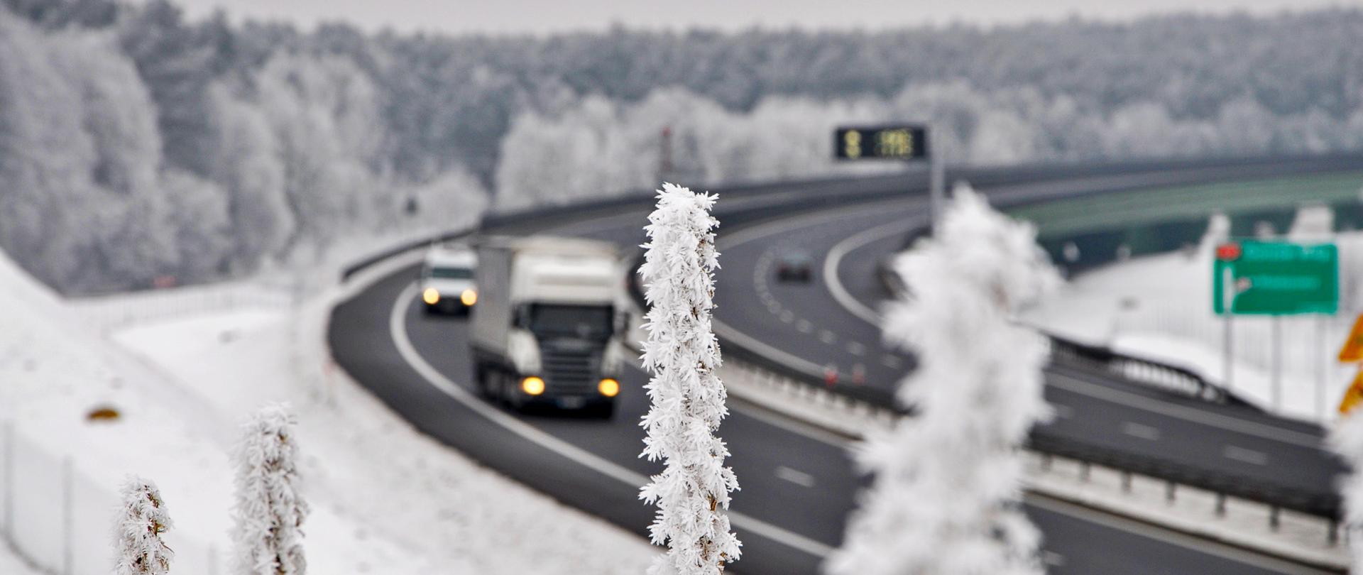 Zdjęcie przedstawia zakręt na drodze ekspresowej S3. Nawierzchnia drogi jest odśnieżona i czarna. Po drodze poruszają się różne pojazdy. Cały teren poza drogą pokryty jest warstwą śniegu. Na pierwszym planie roślina pokryta gęsto szronem.