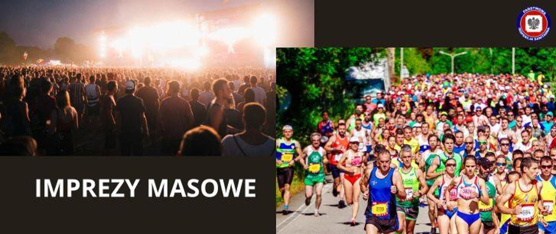 Kolarz ze zdjęć przedstawiających po lewej koncert o wieczorowej porze z liczną widownią, poniżej jasny napis imprezy masowe, po prawej maraton sportowy. Powyżej w prawym górnym rogu logo Państwowej Inspekcji Sanitarnej.