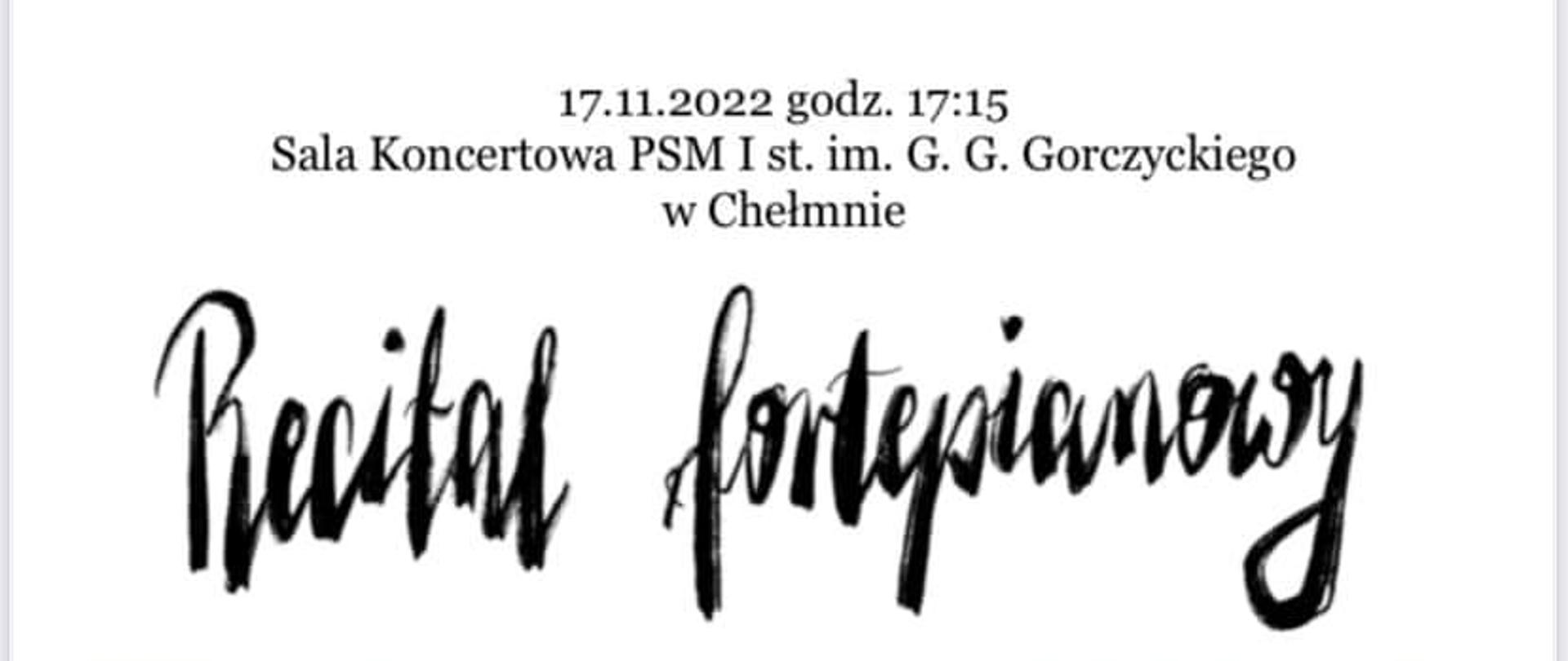 Plakat przedstawiający na białym tle 2 zdjęcia wykonawców oraz informację o terminie i miejscu recitalu fortepianowego.