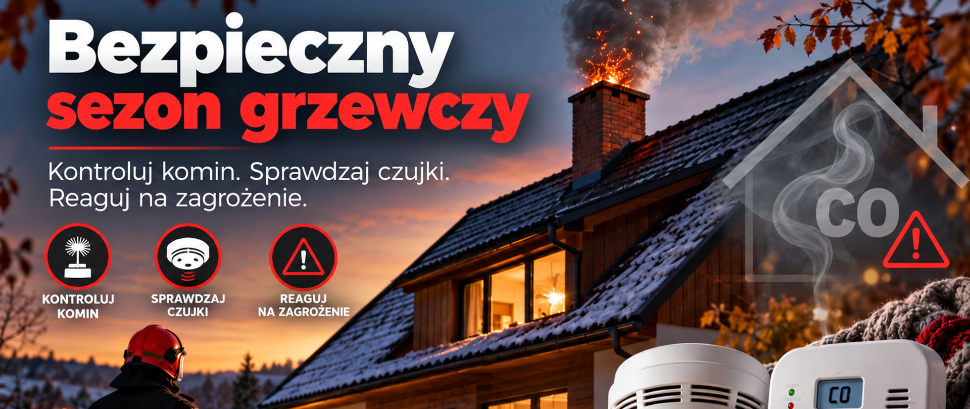 Grafika informacyjna „Bezpieczny sezon grzewczy” przedstawiająca budynek mieszkalny, z którego komina wydobywają się dym i iskry. Na pierwszym planie widoczny jest strażak w czerwonym hełmie oraz autonomiczne czujki dymu i tlenku węgla. Grafika zawiera hasła przypominające o konieczności kontrolowania przewodów kominowych, sprawdzania czujek oraz reagowania na zagrożenia.