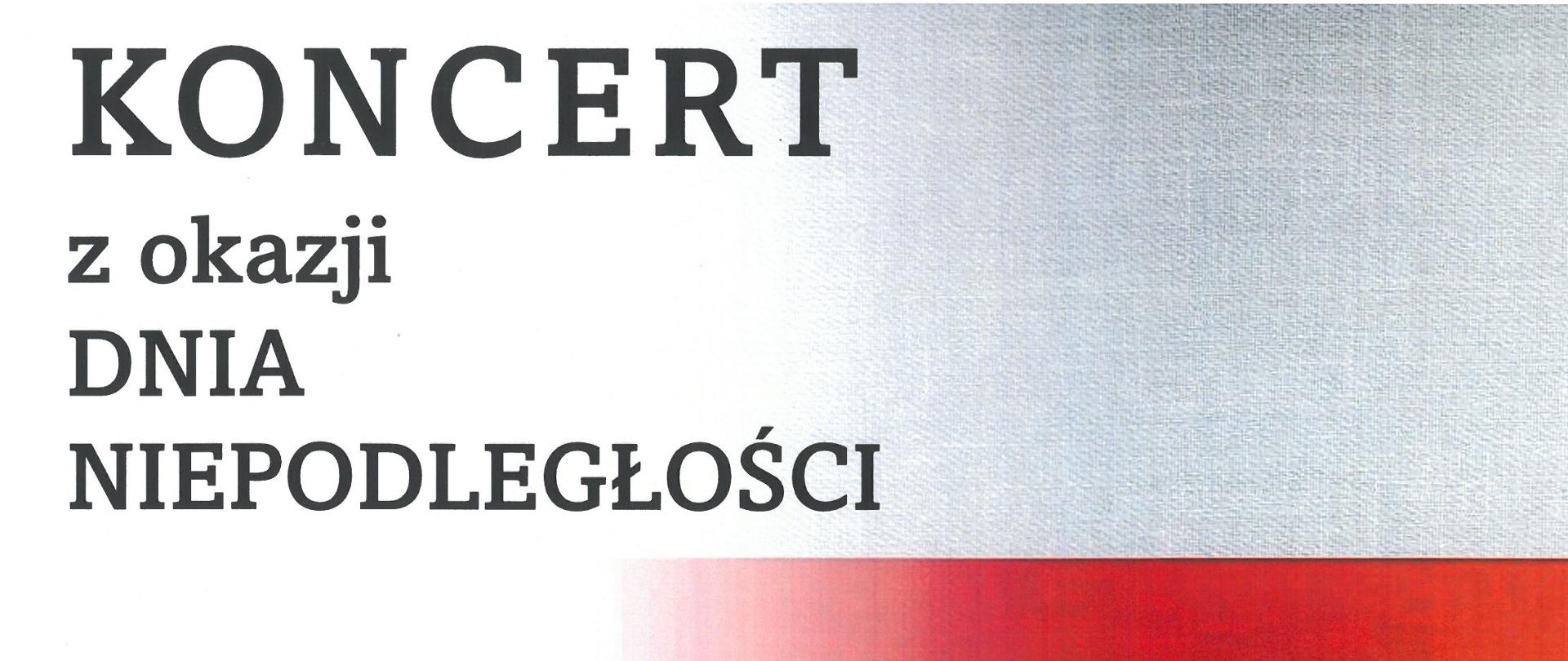 Plakat na biało czerwonym tle z informacją o koncercie w kolorze czarnym po stronie lewej