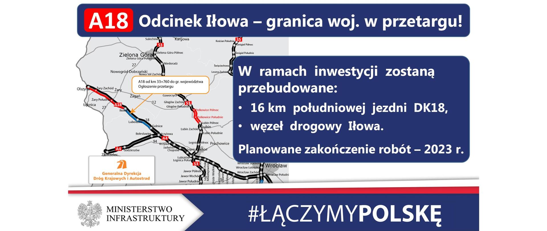 Infografika informuje o ogłoszeniu przetargu na ostatni lubuski odcinek A18