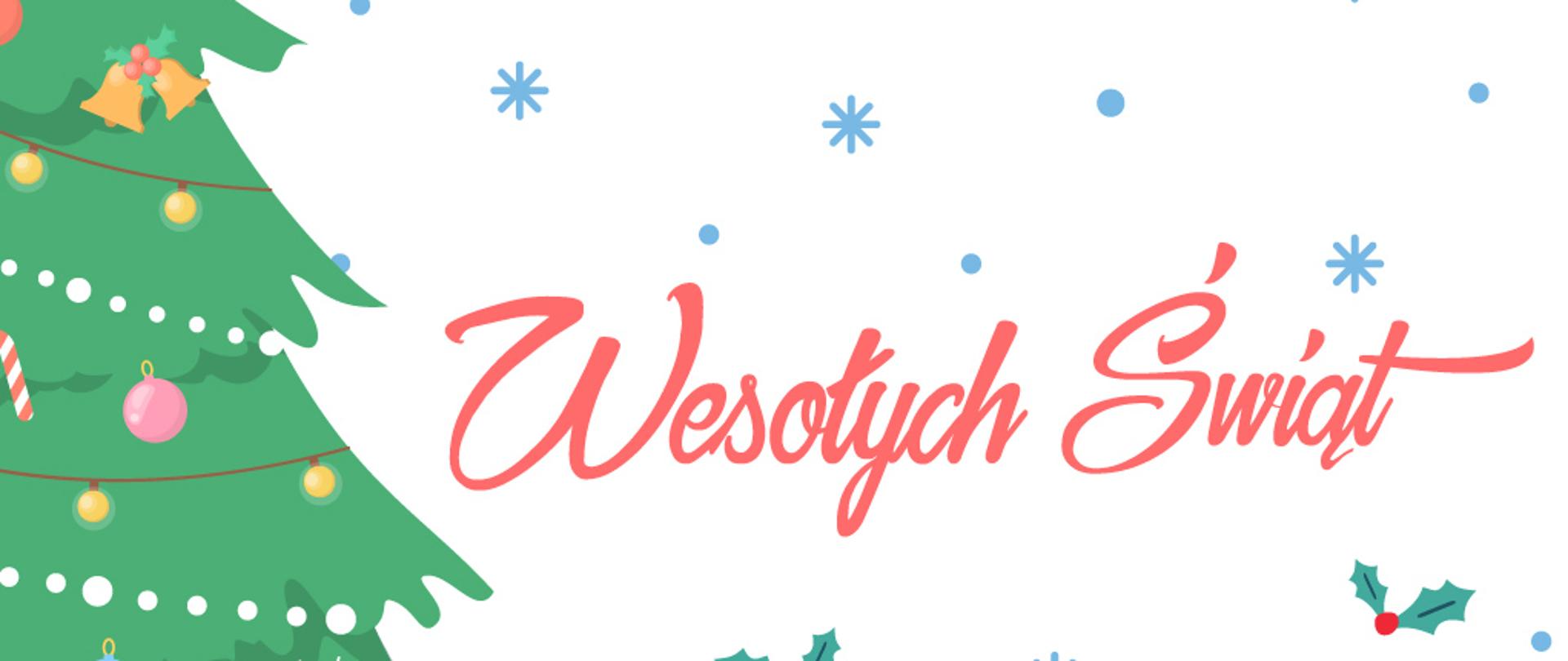 Napis Wesołych Świąt na białym tle obok choinki bożonarodzeniowej.