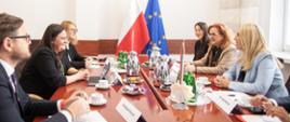 Na zdjęciu wiceminister funduszy i polityki regionalnej Małgorzata Jarosińska-Jedynak oraz przedstawiciele ministerstwa na spotkaniu z Prezydent Republiki Serbskiej Bośni i Hercegowiny. Uczestnicy spotkania siedzą przy stole. Na stole woda, herbata, kawa, słodki poczęstunek i filiżanki. Za stołem flagi Polski i Unii Europejskiej.