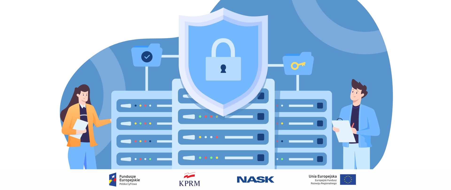 Grafika wektorowa - dwie osoby (po lewej - kobieta, po prawej - mężczyzna) stoją przed serwerami symbolizującymi działanie stron internetowych. Na górze, w centrum - symbol kłódki, po prawej - klucz, po lewej folder, symbole cyberbezpieczeństwa.