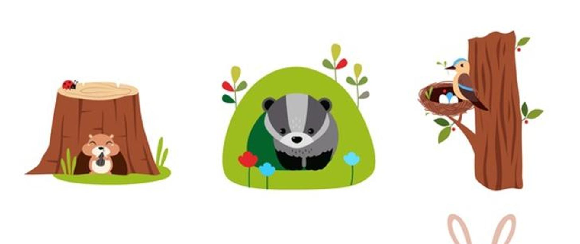 Grafika: zwierzęta leśne siedząc w norach i wydrążonych drzewach. Koncepcja odpoczynku ssaków leśnych w ich domu i schronieniach