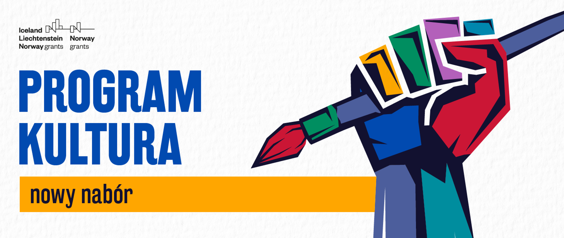 Baner programu „Program Kultura” informujący o nowym naborze. W lewym górnym rogu znajdują się logotypy Funduszy Norweskich i EOG, po prawej widoczna jest stylizowana ilustracja dłoni trzymającej pędzel z kolorowymi elementami symbolizującymi kulturę i sztukę.