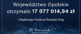 Czek z napisem: "Województwo Opolskie otrzymało 17077014 złote i 94 grosze z Rządowego Funduszu Rozwoju Dróg. Premier Mateusz Morawiecki".