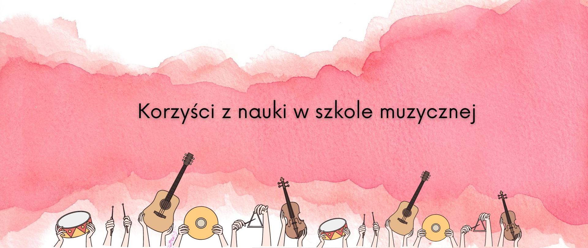 Baner przedstawia napis "Korzyści z nauki w szkole muzycznej. W dolnej części ikonografia przedstawiająca ręce dzieci trzymające różne instrumenty muzyczne.
