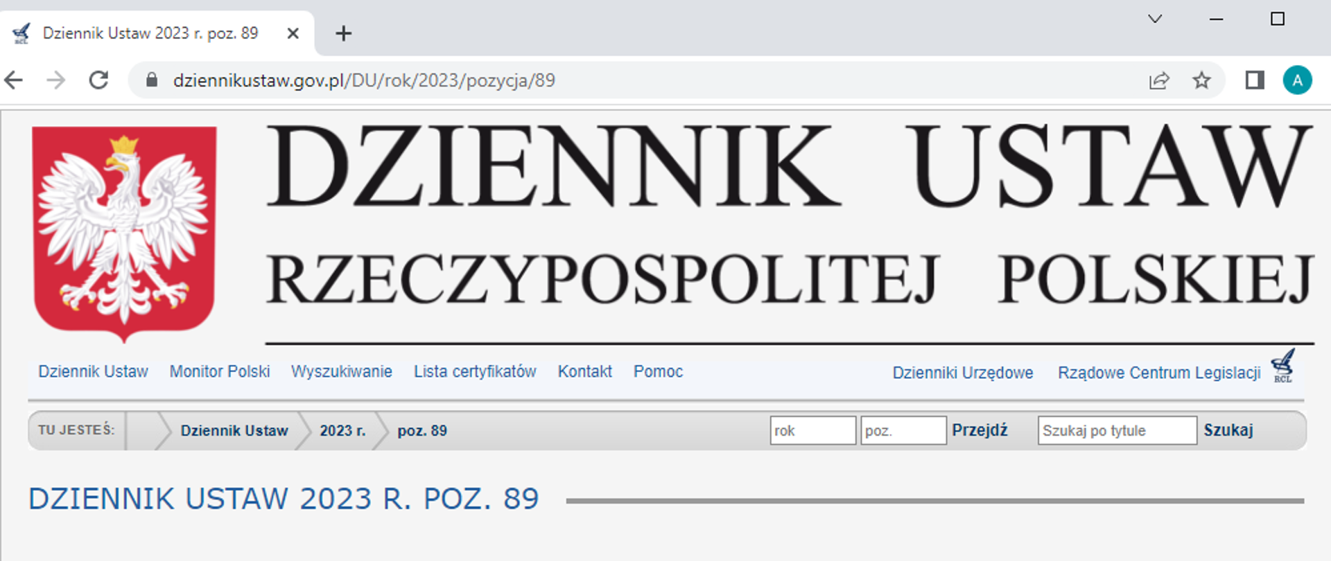 ilustracja przedstawia zrzut z Dziennika Ustaw pod poz. 89.